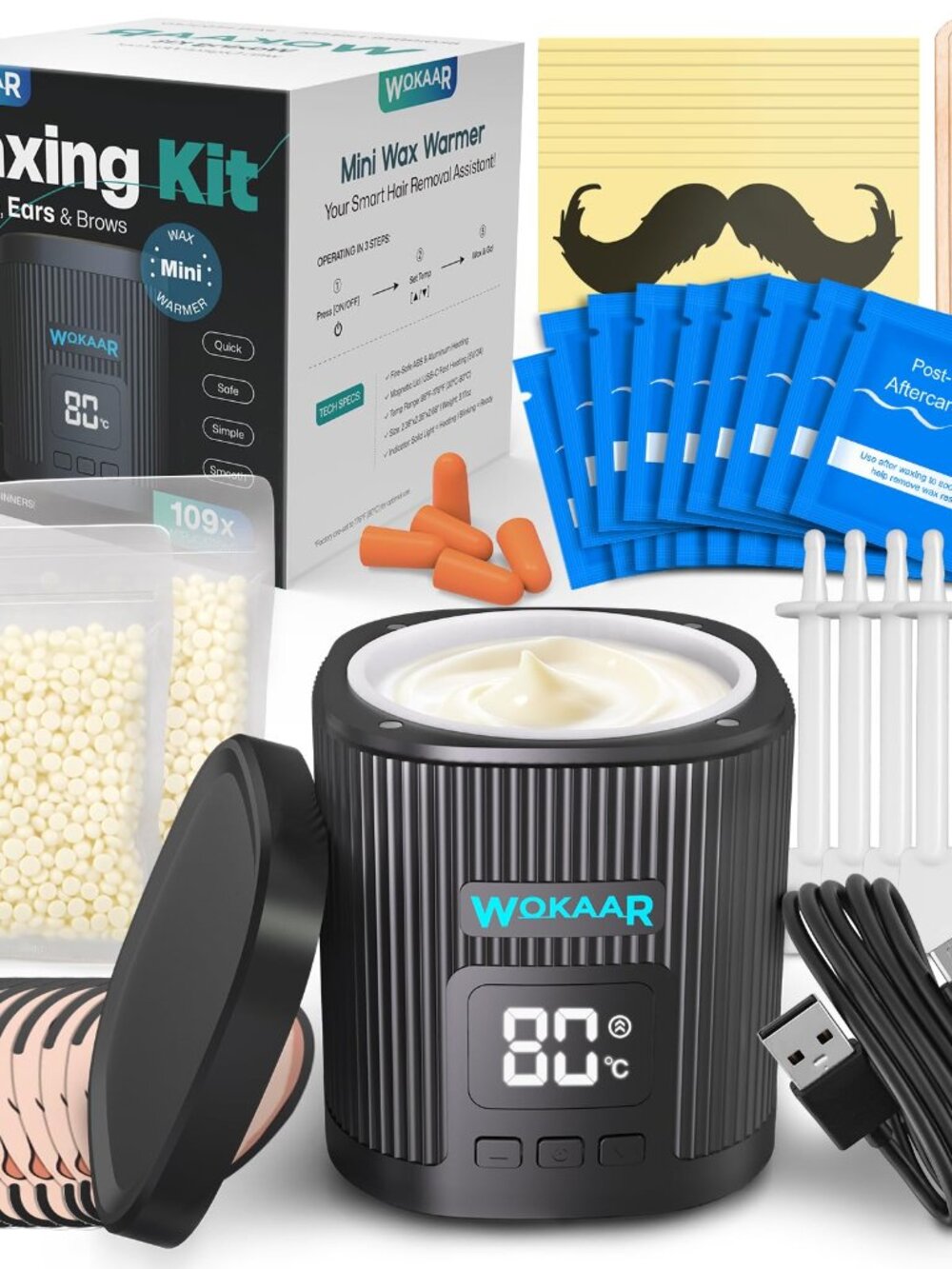 Nose Wax Kit for Men & Women, USB-C Warmer, 100g Wax, Ear & Eyebrow Hair Removal